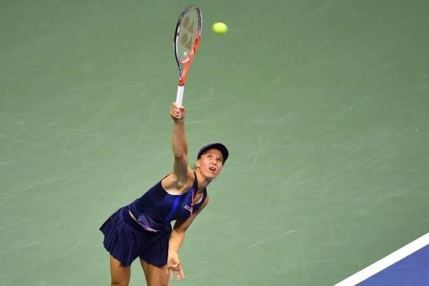 Switzerland's Viktorija Golubic serves to Canada's Bianca Andreescu during their 2021 US Open Tennis tournament women's singles first round match at...