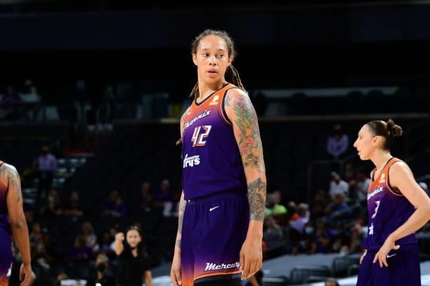 Brittney Griner of the Phoenix Mercury looks on during the game against the Chicago Sky on August 31, 2021 at the Footprint Center in Phoenix,...