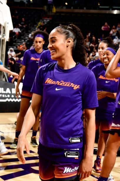 Skylar Diggins-Smith of the Phoenix Mercury smiles before the game against the Chicago Sky on August 31, 2021 at Footprint Center in Phoenix,...