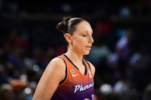 Diana Taurasi of the Phoenix Mercury looks on during the game against the Chicago Sky on August 31, 2021 at the Footprint Center in Phoenix, Arizona....