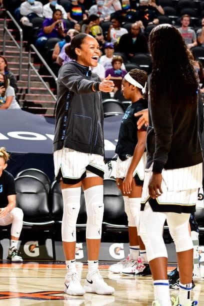 Azura Stevens of the Chicago Sky is introduced before the game against the Phoenix Mercury on August 31, 2021 at Footprint Center in Phoenix,...