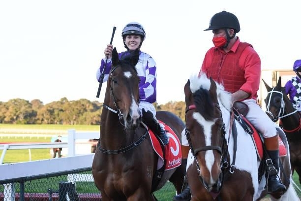 Frankie Pinot ridden by Madison Lloyd returns to the mounting yard after winning the Ladbrokes Punter Assist Handicap at Ladbrokes Park Lakeside...