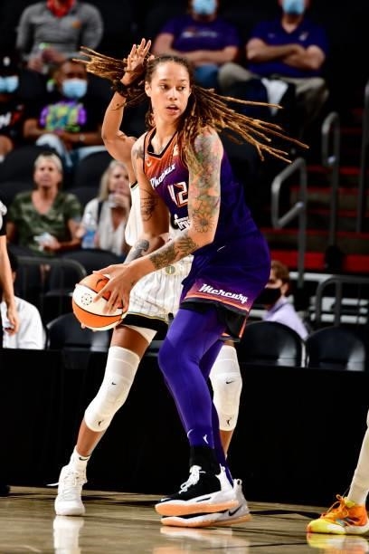 Brittney Griner of the Phoenix Mercury looks to pass the ball against the Chicago Sky on August 31, 2021 at Footprint Center in Phoenix, Arizona....