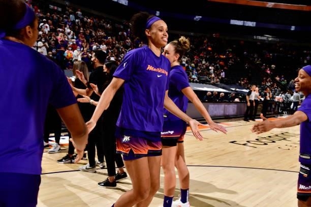 Brianna Turner of the Phoenix Mercury is introduced before the game against the Chicago Sky on August 31, 2021 at Footprint Center in Phoenix,...
