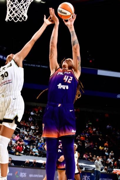 Brittney Griner of the Phoenix Mercury shoots the ball against the Chicago Sky on August 31, 2021 at Footprint Center in Phoenix, Arizona. NOTE TO...