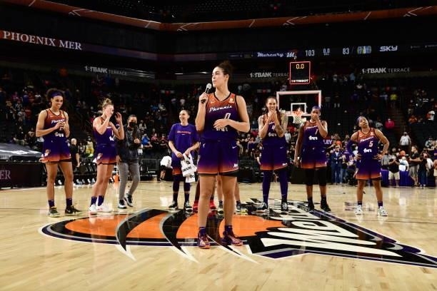 Kia Nurse of the Phoenix Mercury speaks to the crowd after the game against the Chicago Sky on August 31, 2021 at Footprint Center in Phoenix,...