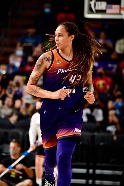 Brittney Griner of the Phoenix Mercury hustles back on defense against the Chicago Sky on August 31, 2021 at Footprint Center in Phoenix, Arizona....