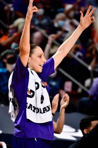 Diana Taurasi of the Phoenix Mercury reacts to a play during the game against the Chicago Sky on August 31, 2021 at Footprint Center in Phoenix,...