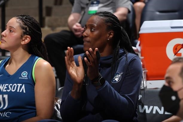 Sylvia Fowles of the Minnesota Lynx claps on the bench during the game against the New York Liberty on August 31, 2021 at Target Center in...