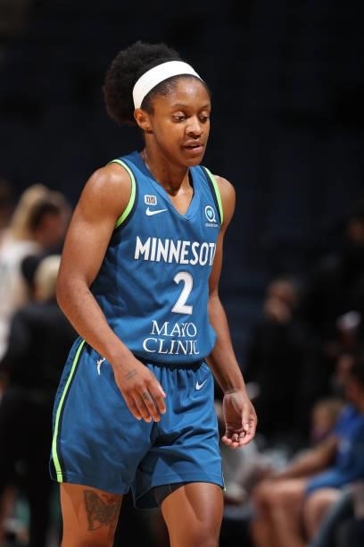 Crystal Dangerfield of the Minnesota Lynx looks on during the game against the New York Liberty on August 31, 2021 at Target Center in Minneapolis,...
