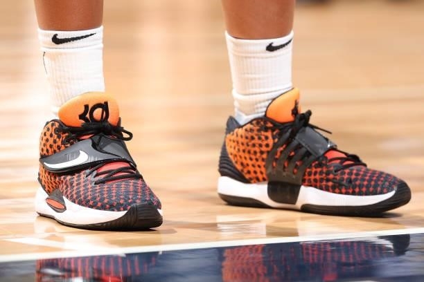 The sneakers of Napheesa Collier of the Minnesota Lynx during the game against the New York Liberty on August 31, 2021 at Target Center in...