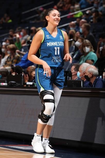Natalie Achonwa of the Minnesota Lynx smiles during the game against the New York Liberty on August 31, 2021 at Target Center in Minneapolis,...