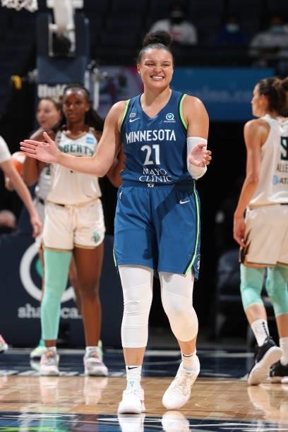 Kayla McBride of the Minnesota Lynx smiles during the game against the New York Liberty on August 31, 2021 at Target Center in Minneapolis,...