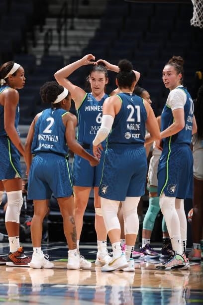Minnesota Lynx players huddle up during the game against the New York Liberty on August 31, 2021 at Target Center in Minneapolis, Minnesota. NOTE TO...
