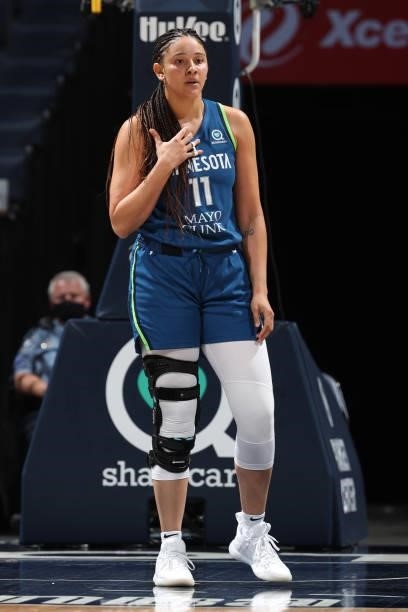 Natalie Achonwa of the Minnesota Lynx looks on during the game against the New York Liberty on August 31, 2021 at Target Center in Minneapolis,...