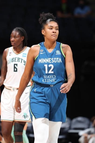 Damiris Dantas of the Minnesota Lynx looks on during the game against the New York Liberty on August 31, 2021 at Target Center in Minneapolis,...