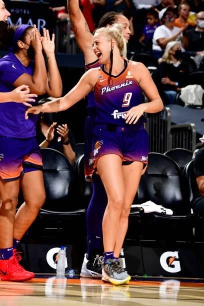 Sophie Cunningham of the Phoenix Mercury smiles during the game against the Chicago Sky on August 31, 2021 at Footprint Center in Phoenix, Arizona....