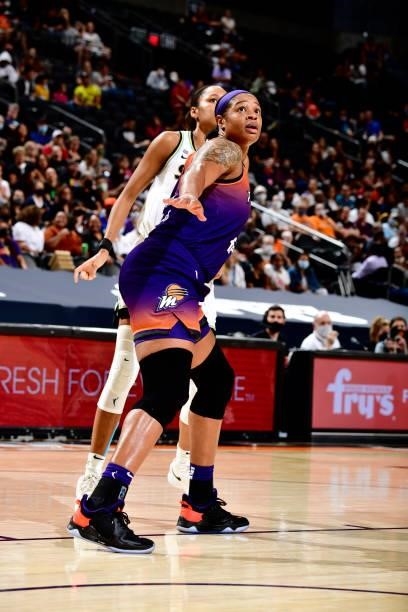 Kia Vaughn of the Phoenix Mercury looks on against the Chicago Sky on August 31, 2021 at Footprint Center in Phoenix, Arizona. NOTE TO USER: User...
