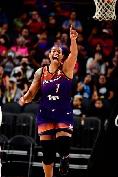 Kia Vaughn of the Phoenix Mercury reacts to a play against the Chicago Sky on August 31, 2021 at Footprint Center in Phoenix, Arizona. NOTE TO USER:...