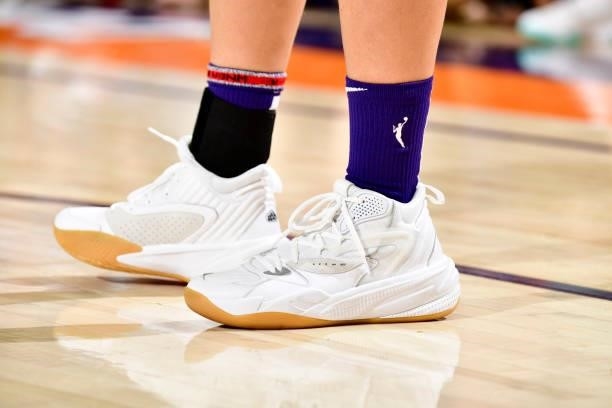 The sneakers worn by Skylar Diggins-Smith of the Phoenix Mercury during the game against the Chicago Sky on August 31, 2021 at Footprint Center in...