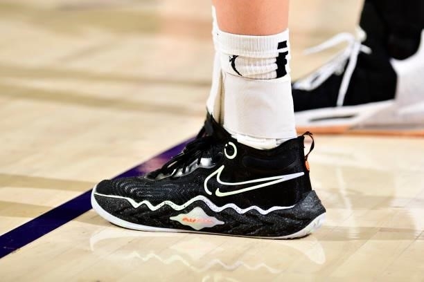 The sneakers worn by Stefanie Dolson of the Chicago Sky during the game against the Phoenix Mercury on August 31, 2021 at Footprint Center in...