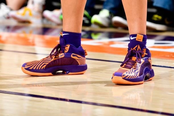 The sneakers worn by Kia Nurse of the Phoenix Mercury during the game against the Chicago Sky on August 31, 2021 at Footprint Center in Phoenix,...