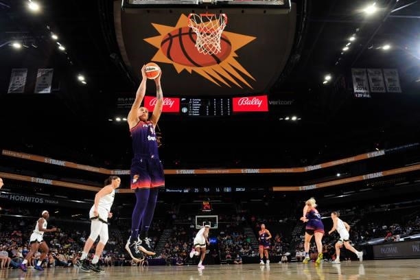 Brittney Griner of the Phoenix Mercury grabs the rebound against the Chicago Sky on August 31, 2021 at Footprint Center in Phoenix, Arizona. NOTE TO...