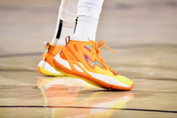 The sneakers worn by Candace Parker of the Chicago Sky during the game against the Phoenix Mercury on August 31, 2021 at Footprint Center in Phoenix,...