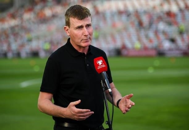Faro , Portugal - 1 September 2021; Republic of Ireland manager Stephen Kenny is interviewed before the FIFA World Cup 2022 qualifying group A match...