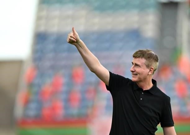 Faro , Portugal - 1 September 2021; Republic of Ireland manager Stephen Kenny waves to supporters before the FIFA World Cup 2022 qualifying group A...