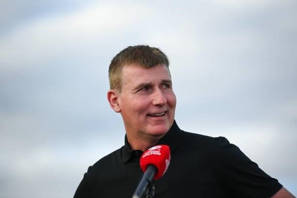 Faro , Portugal - 1 September 2021; Republic of Ireland manager Stephen Kenny is interviewed before the FIFA World Cup 2022 qualifying group A match...