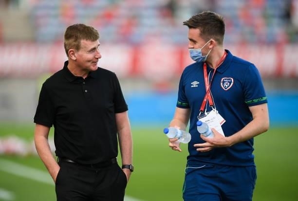 Faro , Portugal - 1 September 2021; Republic of Ireland manager Stephen Kenny, left, and Kieran Crowley, FAI communications executive, before the...