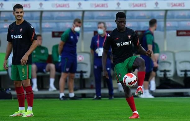 Nuno Mendes of Sporting CP and Portugal in action during warm up before the start of the World Cup 2022 Qualifier match between Portugal and Republic...
