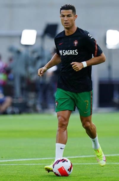 Cristiano Ronaldo of Portugal in action during a warm up before the start of the World Cup 2022 Qualifier match between Portugal and Republic of...