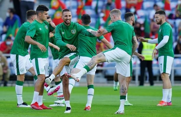 Conor Hourihane of Republic of Ireland and Aston Villa in action during a warm up before the start of the World Cup 2022 Qualifier match between...