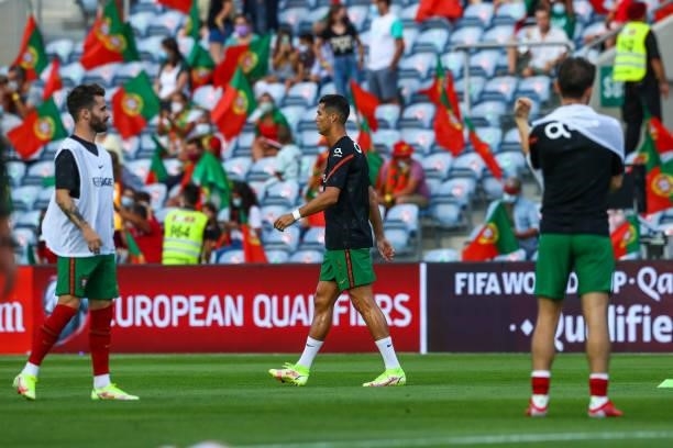 Cristiano Ronaldo of Manchester United and Portugal during the warmup of the 2022 FIFA World Cup Qualifier match between Portugal and Republic of...
