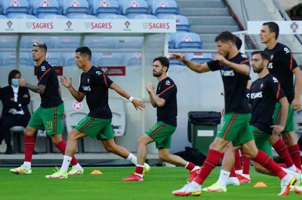 Cristiano Ronaldo of Manchester United and Portugal in action during a warm up before the start of the World Cup 2022 Qualifier match between...