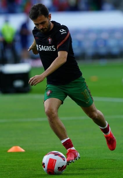 Bernardo Silva of Manchester City and Portugal in action during warm up before the start of the World Cup 2022 Qualifier match between Portugal and...