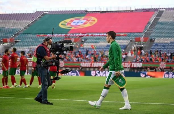 Faro , Portugal - 1 September 2021; Republic of Ireland captain Seamus Coleman leads his side out before the FIFA World Cup 2022 qualifying group A...