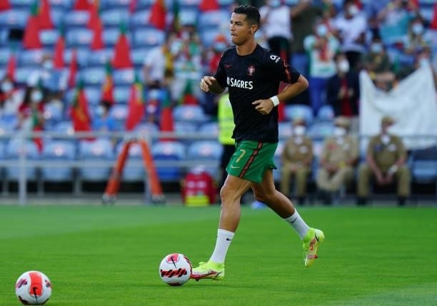 Cristiano Ronaldo of Manchester United and Portugal in action during warm up before the start of the World Cup 2022 Qualifier match between Portugal...