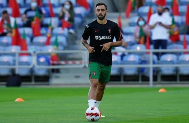Bruno Fernandes of Manchester United and Portugal in action during warm up before the start of the World Cup 2022 Qualifier match between Portugal...
