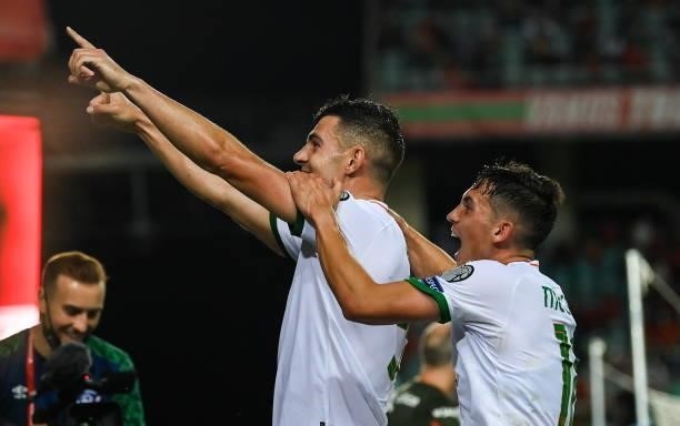Faro , Portugal - 1 September 2021; John Egan of Republic of Ireland celebrates with team-mate Jamie McGrath, right, after scoring his side's first...