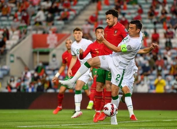 Faro , Portugal - 1 September 2021; Seamus Coleman of Republic of Ireland in action against Diogo Jota of Portugal during the FIFA World Cup 2022...