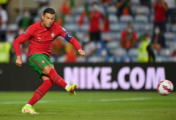 Faro , Portugal - 1 September 2021; Cristiano Ronaldo of Portugal takes a penalty, which is saved by Republic of Ireland goalkeeper Gavin Bazunu,...