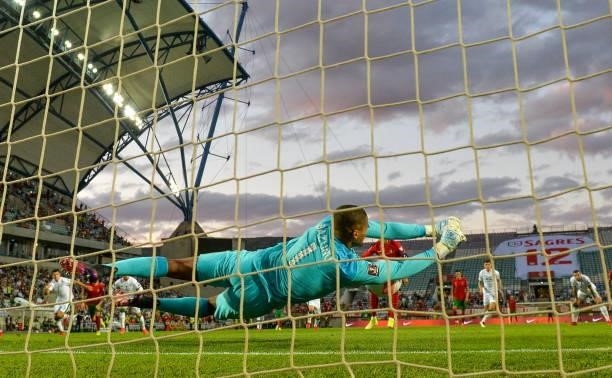 Faro , Portugal - 1 September 2021; Republic of Ireland goalkeeper Gavin Bazunu saves a penalty from Portugal's Cristiano Ronaldo during the FIFA...