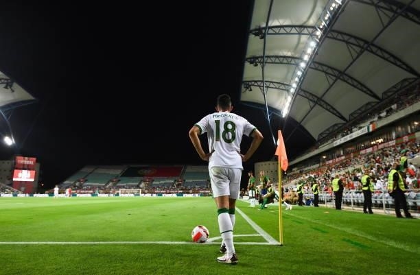 Faro , Portugal - 1 September 2021; Jamie McGrath of Republic of Ireland prepares to take a corner kick during the FIFA World Cup 2022 qualifying...