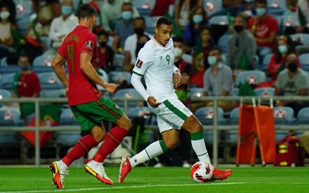 Adam Idah of Republic of Ireland and Norwich City in action during the World Cup 2022 Qualifier match between Portugal and Republic of Ireland at...