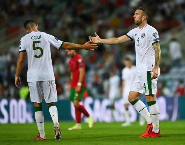 Faro , Portugal - 1 September 2021; Shane Duffy, right, and John Egan of Republic of Ireland during the FIFA World Cup 2022 qualifying group A match...