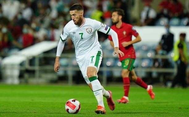 Matt Doherty of Republic of Ireland and Tottenham Hotspur in action during the World Cup 2022 Qualifier match between Portugal and Republic of...