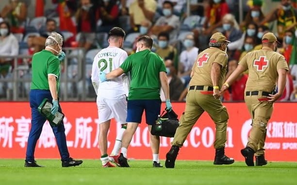 Faro , Portugal - 1 September 2021; Aaron Connolly of Republic of Ireland leaves the pitch with an injury during the FIFA World Cup 2022 qualifying...
